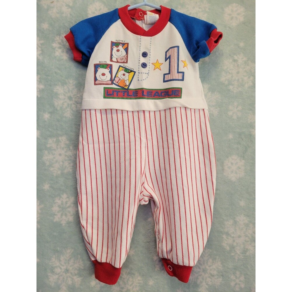 Vtg Buster Brown Romper Boys Baseball Player 6-9 Months Primary Colors Stripes